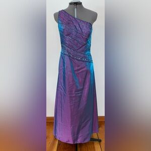 Fun iridescent, One shoulder purple and blue beaded evening gown with sequins